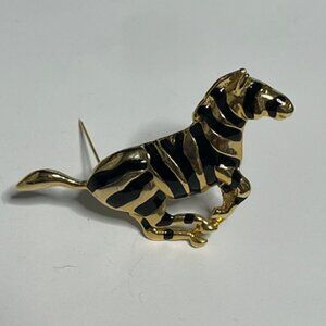 VTG Gold Tone Running Zebra Black Enamel Stripes Pin Brooch 2.5"×1.5"